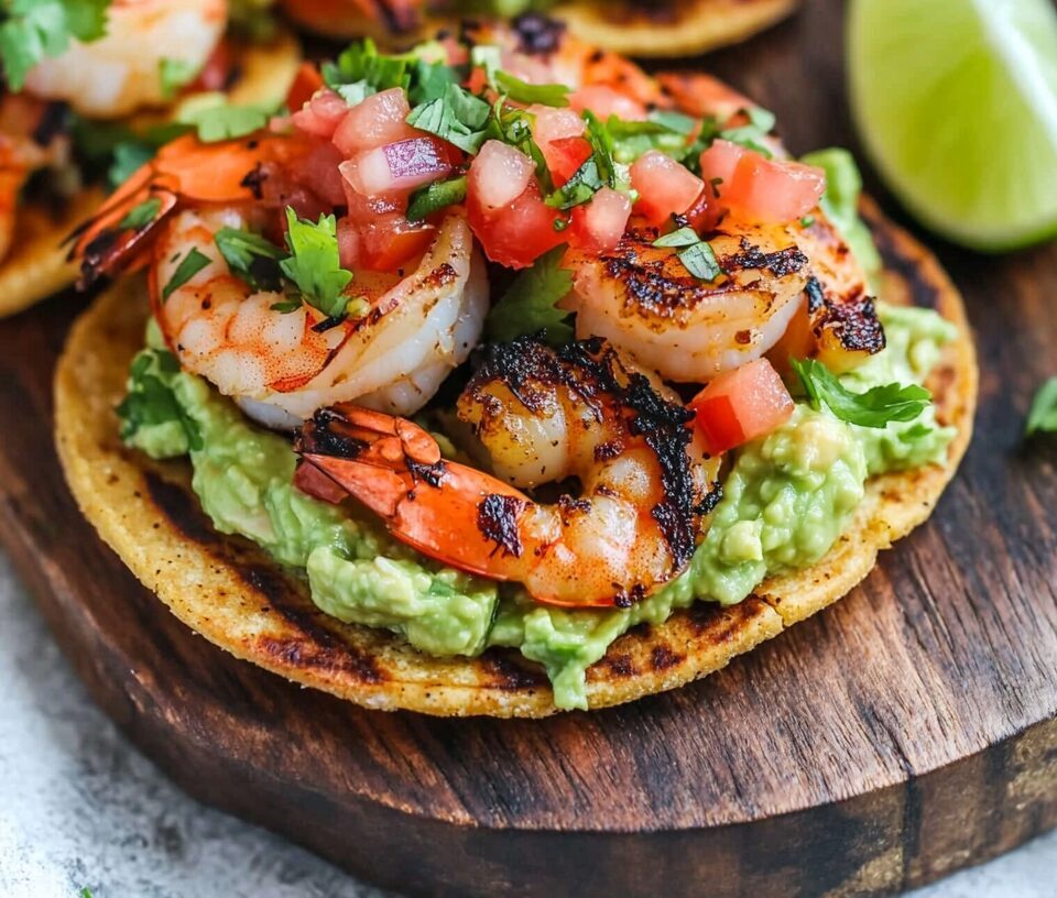 Grilled Shrimp Tostadas with Guacamole & Pico de Gallo 2 Grilled Shrimp Tostadas with Guacamole & Pico de Gallo