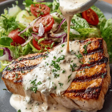 Tuna Steaks with Creamy Garlic Sauce & Salad 3 Tuna Steaks with Creamy Garlic Sauce & Salad