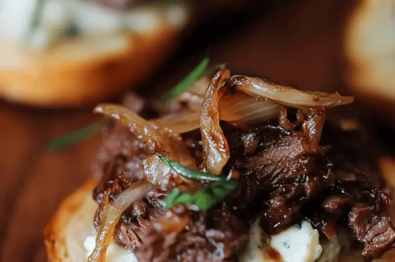 Braised Beef Crostini with Blue Cheese Butter and Caramelized Onions
