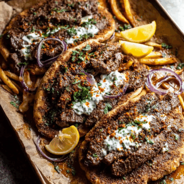 Sheet Pan Steak Gyros with Feta Tzatziki Sauce 2 Sheet Pan Steak Gyros with Feta Tzatziki Sauce