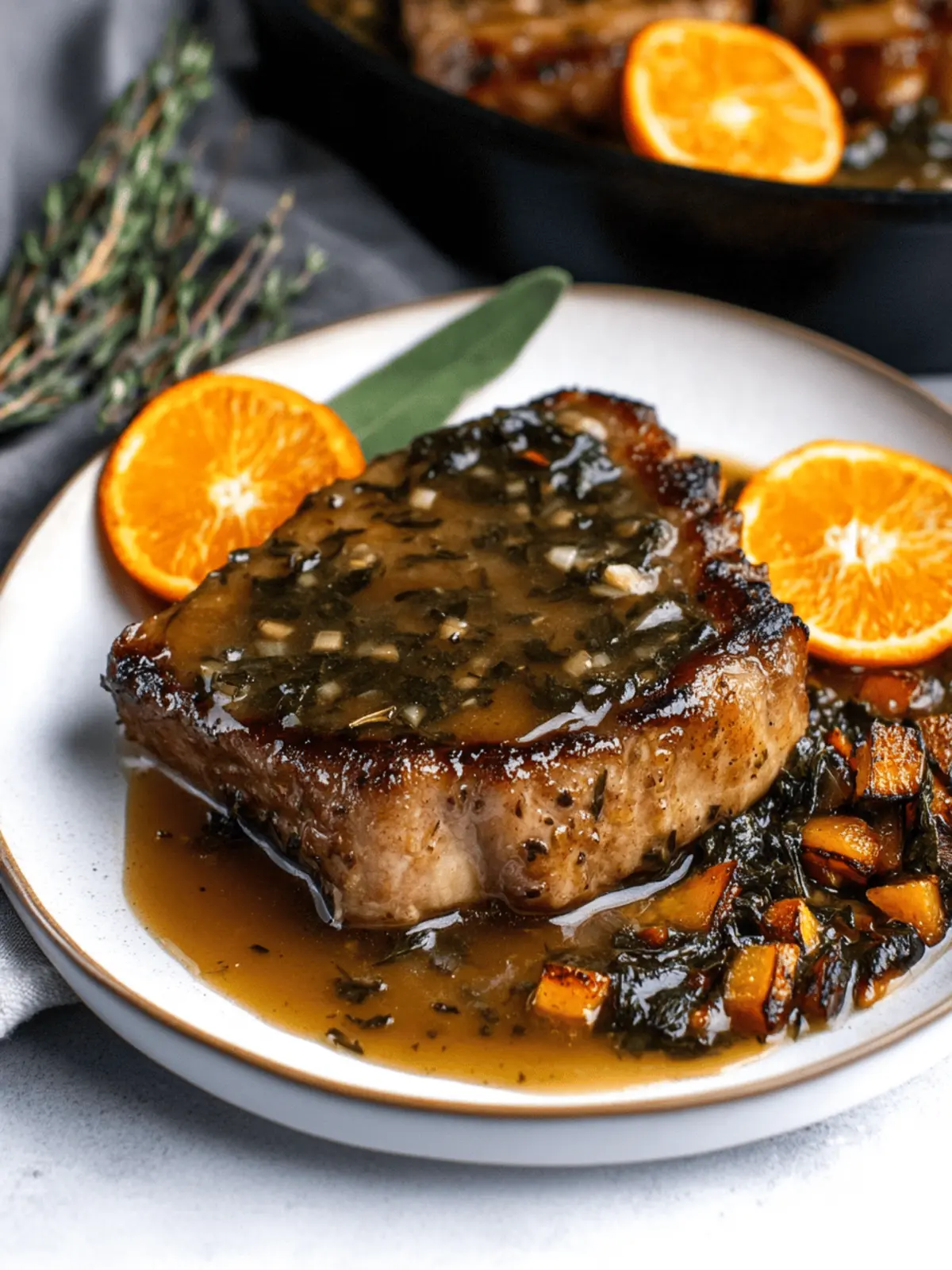 Savory Orange Glazed Pork Chops with Garlic-Sage Sauce 4 Orange Glazed Pork Chops with Garlic-Sage Pan Sauce