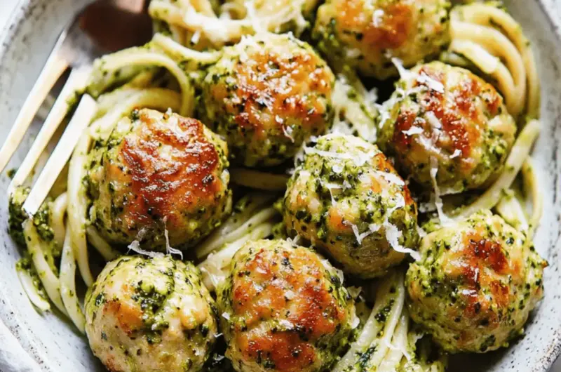Baked Chicken Meatballs with Broccoli Pesto Pasta