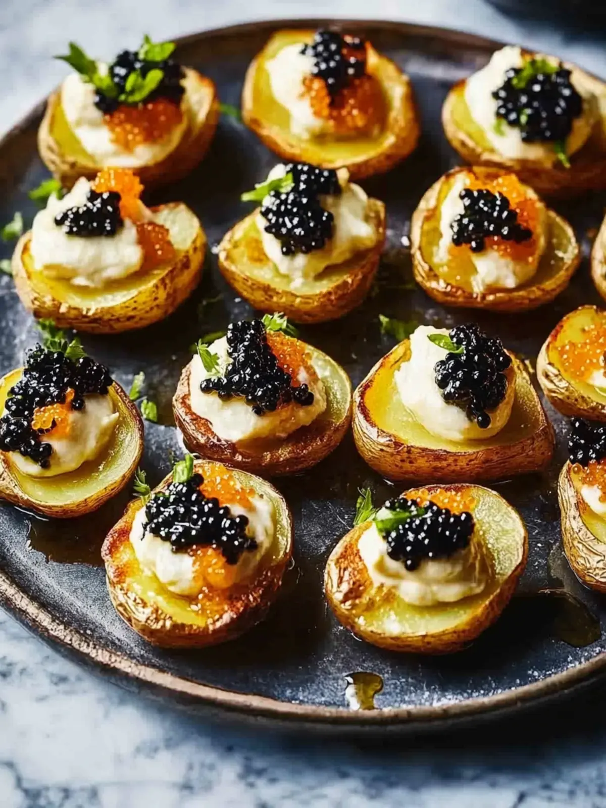 Crispy Smashed Potatoes with Crème Fraîche and Caviar Bliss 2 Smashed Potatoes With Crème Fraîche and Caviar