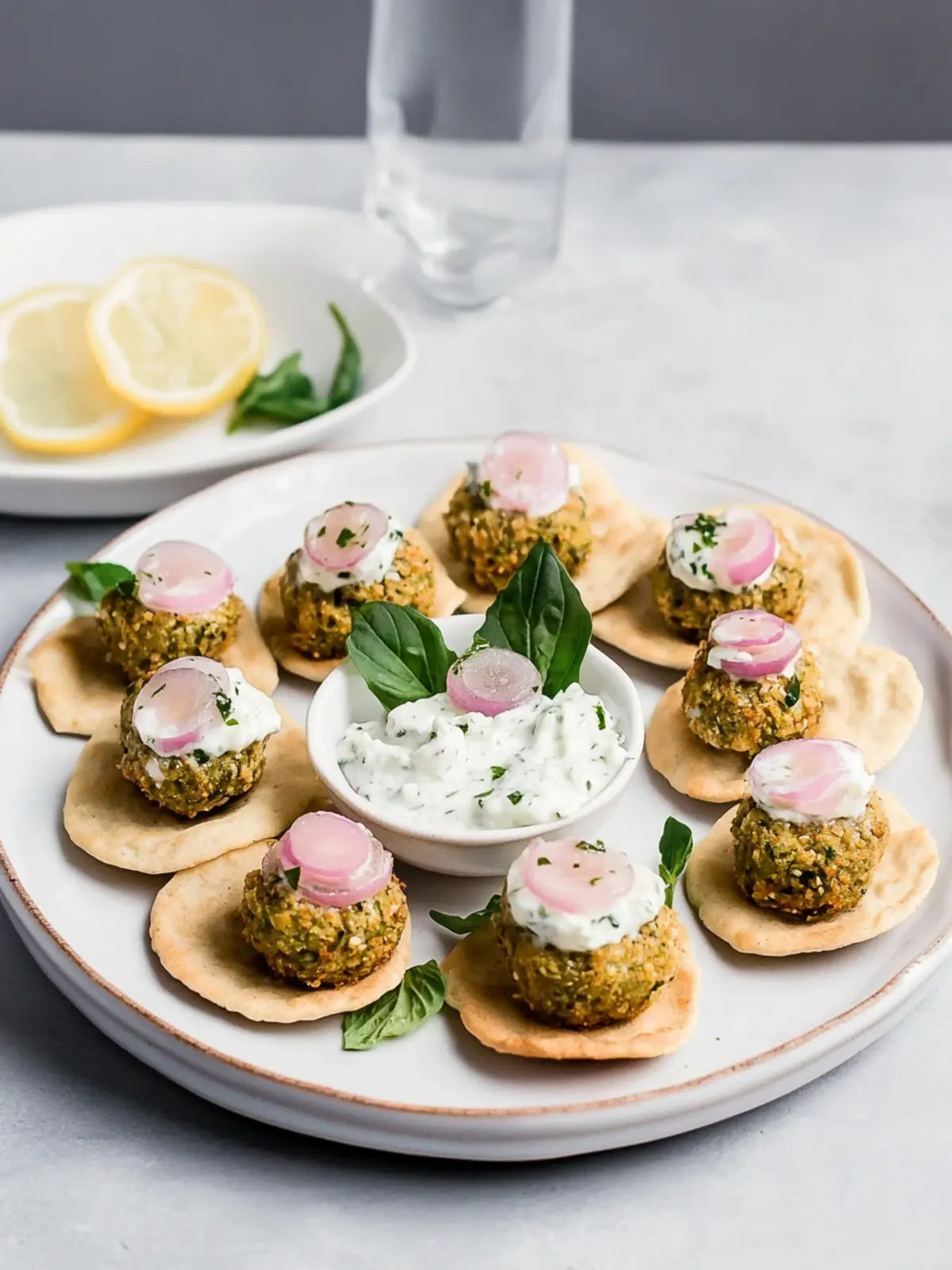 Irresistible Mini Falafel Bites with Tzatziki and Pickled Onions 3 Mini Falafel Bites with Tzatziki and Pickled Red Onions