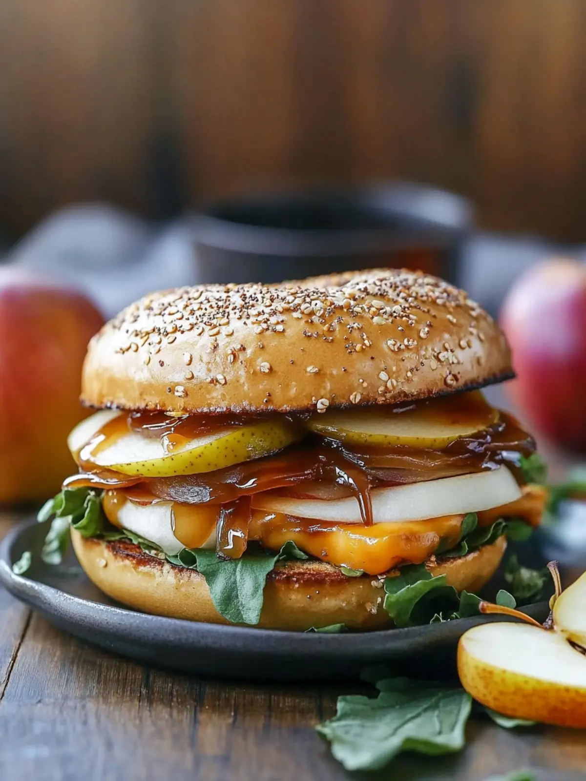 Pear Apple Cheddar Caramelized Onion Grilled Cheese Bagel Delight 2 Pear Apple Cheddar Caramelized Onion Grilled Cheese Bagel Sandwich