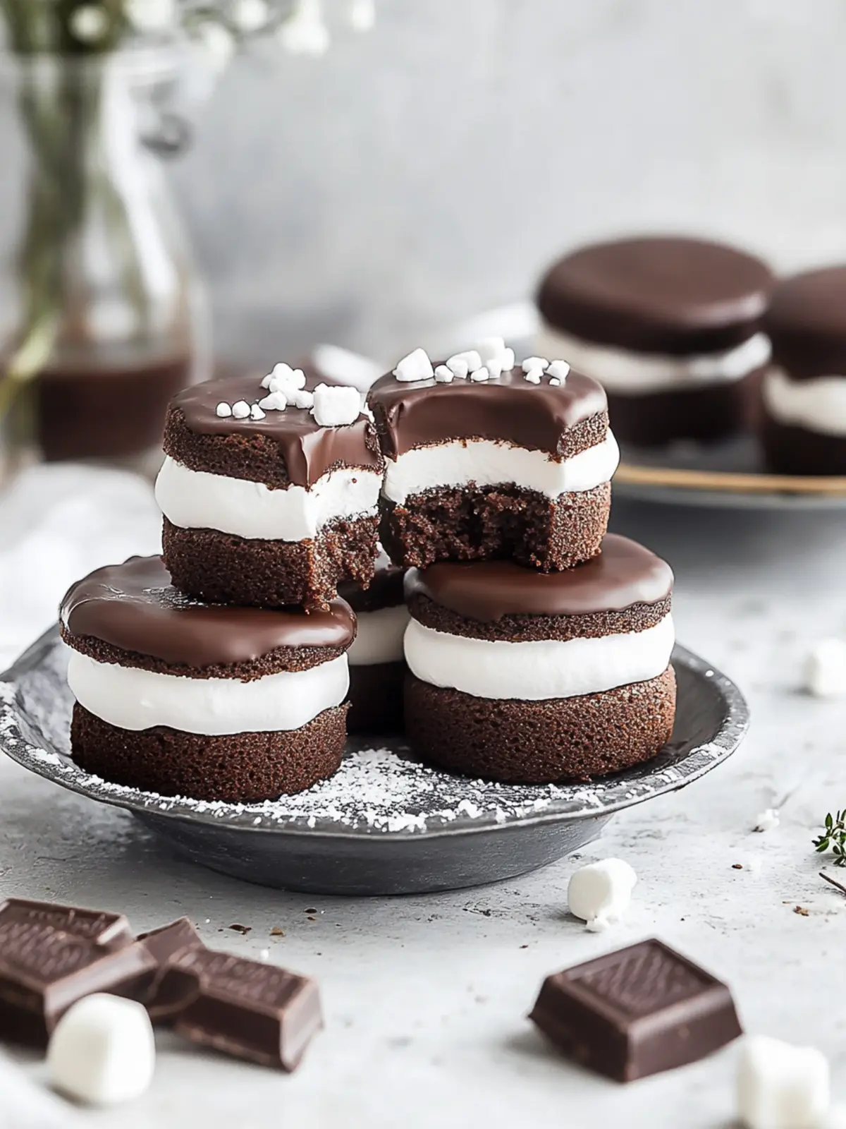 Irresistible Mini Chocolate Cakes with Marshmallow Filling 2 Mini Chocolate Cakes with Marshmallow Filling and Chocolate Coating