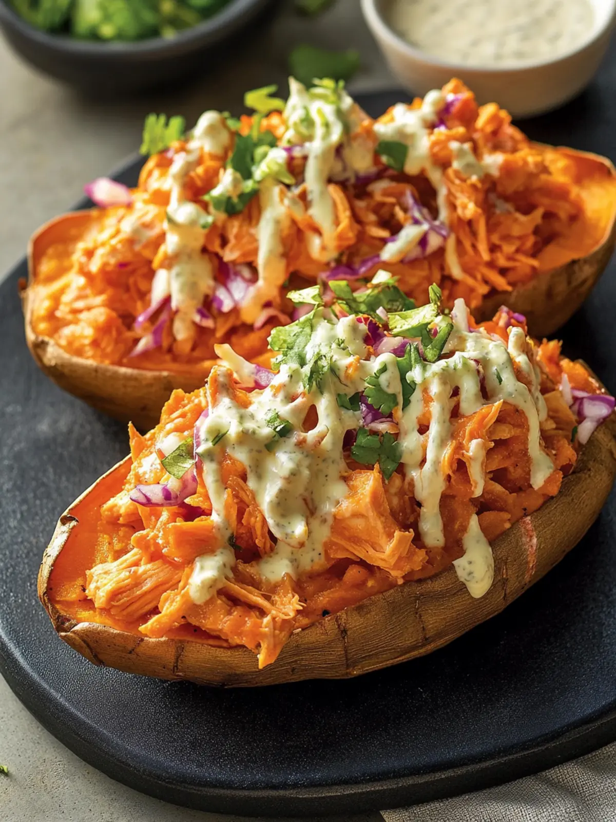 Buffalo Chicken Stuffed Sweet Potatoes with Ranch Slaw Delight 2 Buffalo Chicken Stuffed Sweet Potatoes with Ranch Slaw