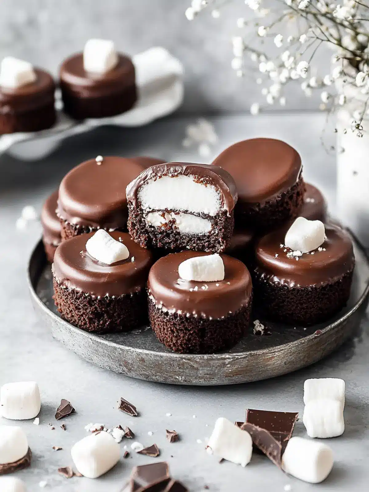 Irresistible Mini Chocolate Cakes with Marshmallow Filling 4 Mini Chocolate Cakes with Marshmallow Filling and Chocolate Coating