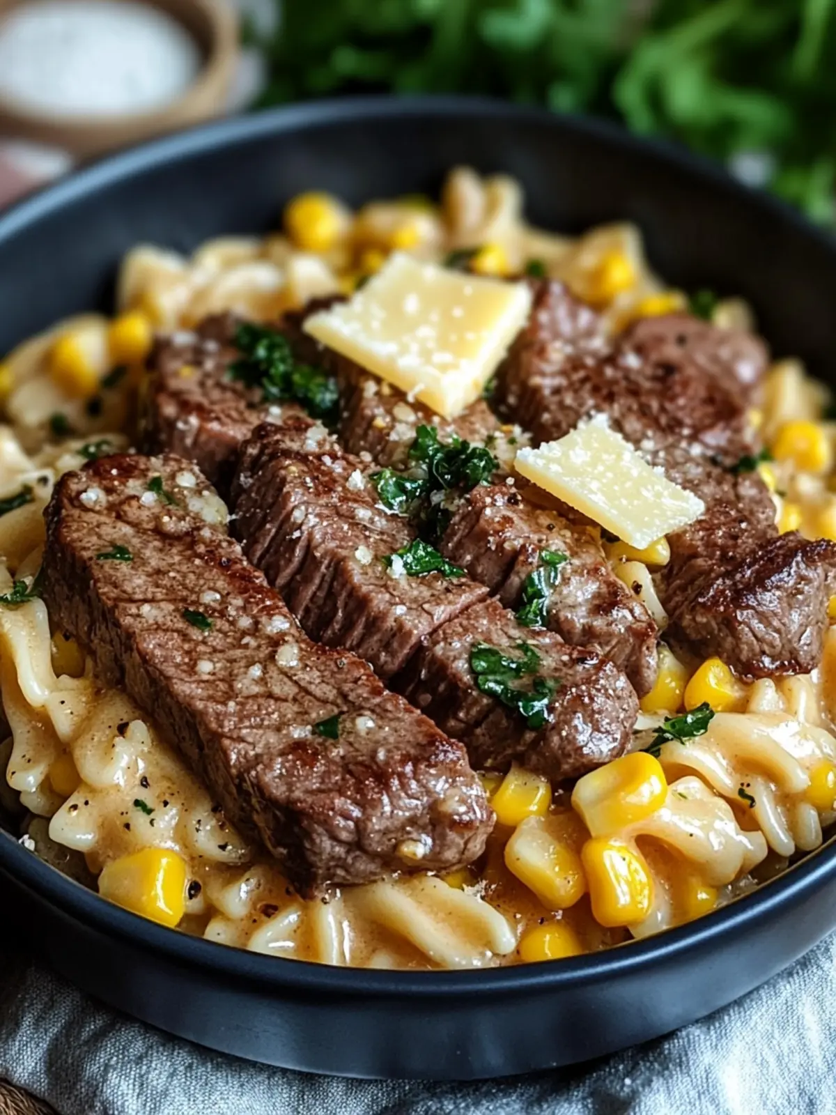 Creamy Parmesan Steak & Sweet Corn Bowtie Comfort Dish 2 Creamy Parmesan Steak & Sweet Corn Bowtie