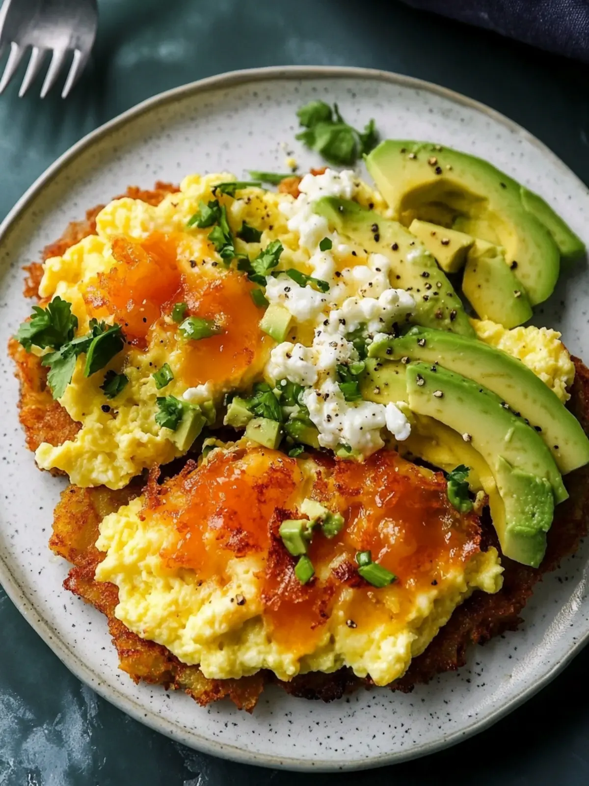 Loaded Hash Browns with Scrambled Eggs and Avocado Bliss 5 Loaded Hash Browns with Scrambled Eggs, Avocado, and Cottage Cheese