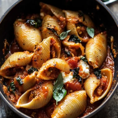 Unstuffed Spicy Tomato Basil Shells with Whipped Ricotta