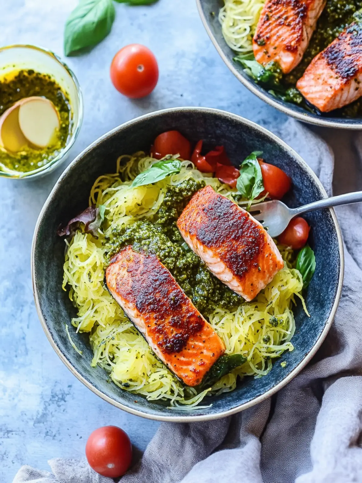 Crispy Salmon Bowls with Pesto Spaghetti Squash